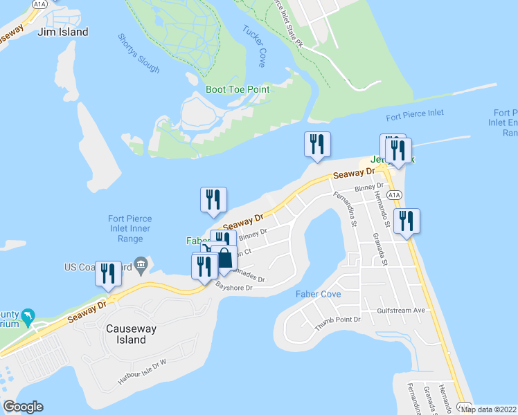 map of restaurants, bars, coffee shops, grocery stores, and more near 1300 Seaway Drive in Fort Pierce
