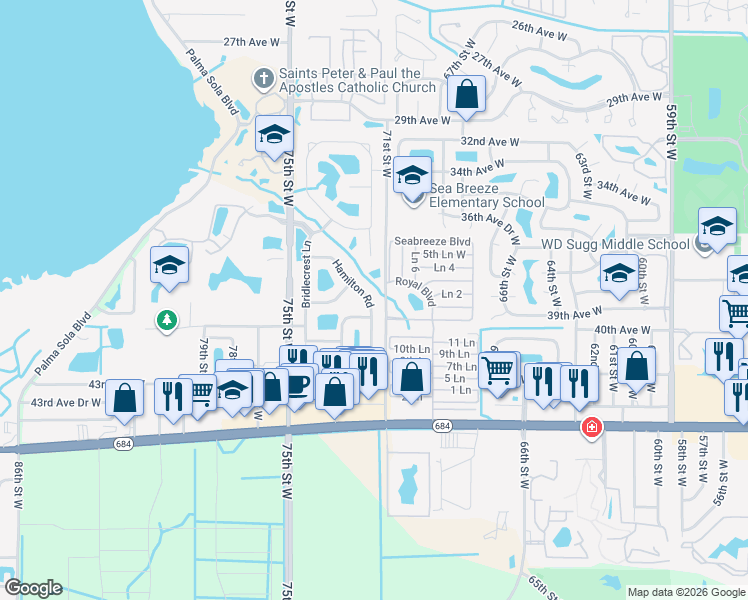 map of restaurants, bars, coffee shops, grocery stores, and more near 7240 Hamilton Road in Bradenton