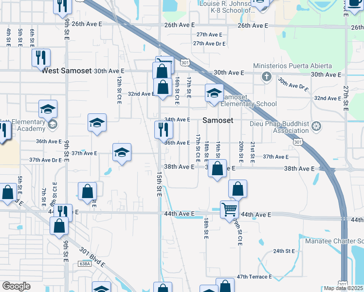 map of restaurants, bars, coffee shops, grocery stores, and more near 1614 36th Avenue East in Bradenton