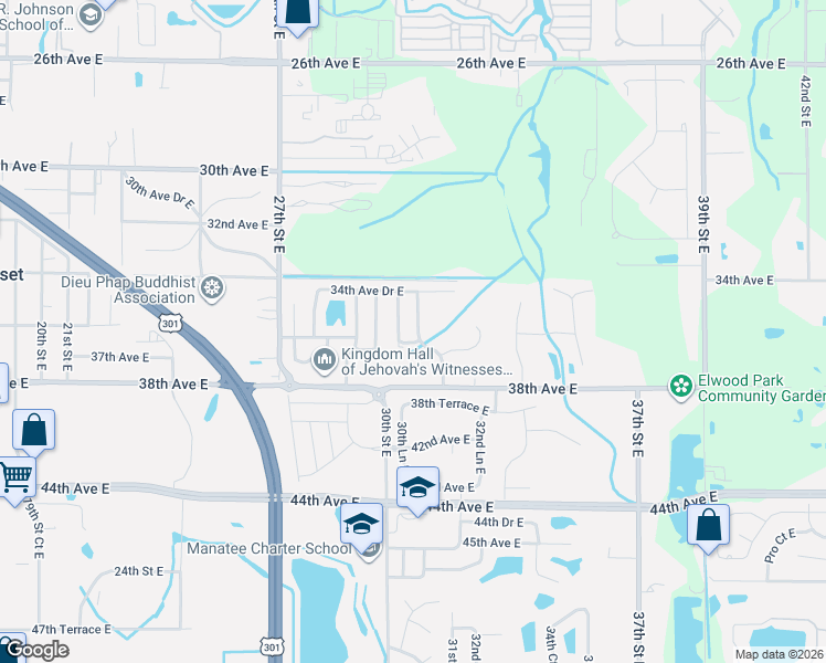 map of restaurants, bars, coffee shops, grocery stores, and more near 3415 30th Lane East in Bradenton