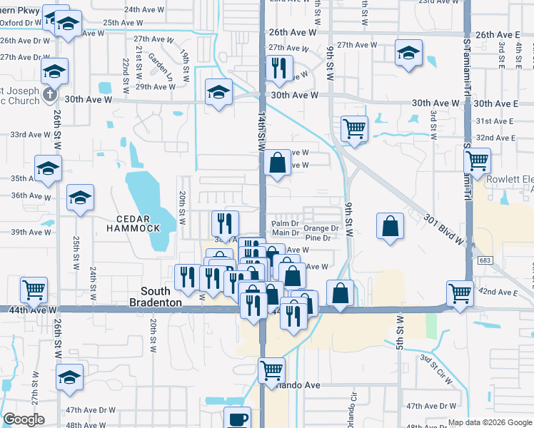 map of restaurants, bars, coffee shops, grocery stores, and more near 3603 14th Street West in Bradenton