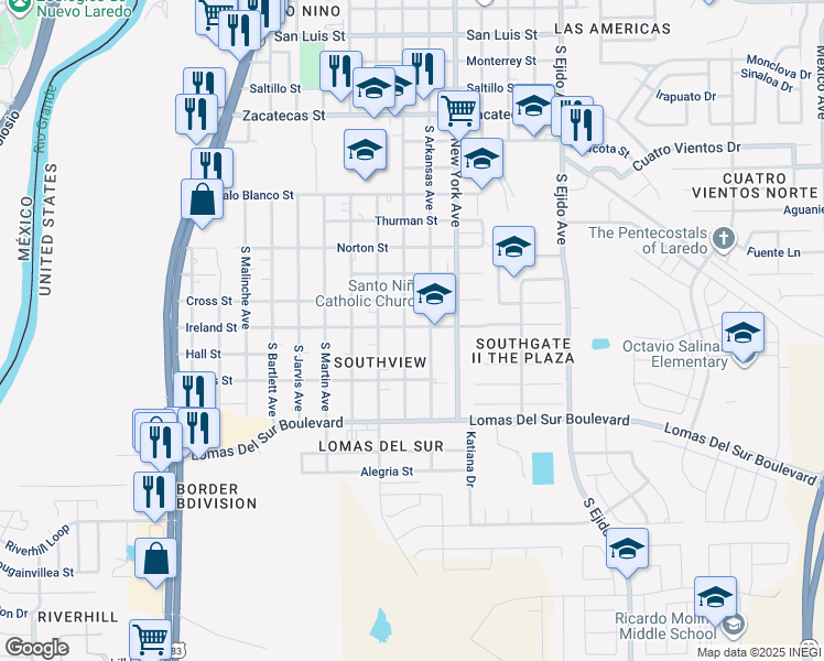 map of restaurants, bars, coffee shops, grocery stores, and more near 3215 South Louisiana Avenue in Laredo