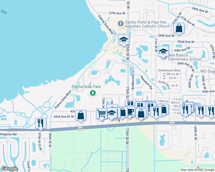 map of restaurants, bars, coffee shops, grocery stores, and more near 3958 75th Street West in Bradenton