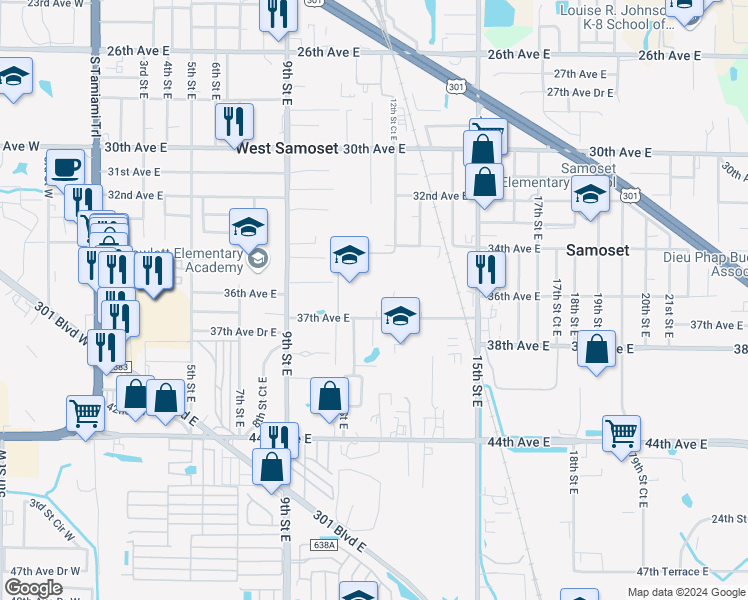 map of restaurants, bars, coffee shops, grocery stores, and more near 1200 37th Avenue East in Bradenton