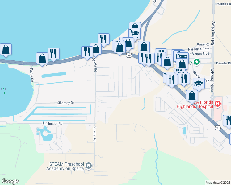 map of restaurants, bars, coffee shops, grocery stores, and more near 1937 Sparta Circle in Sebring