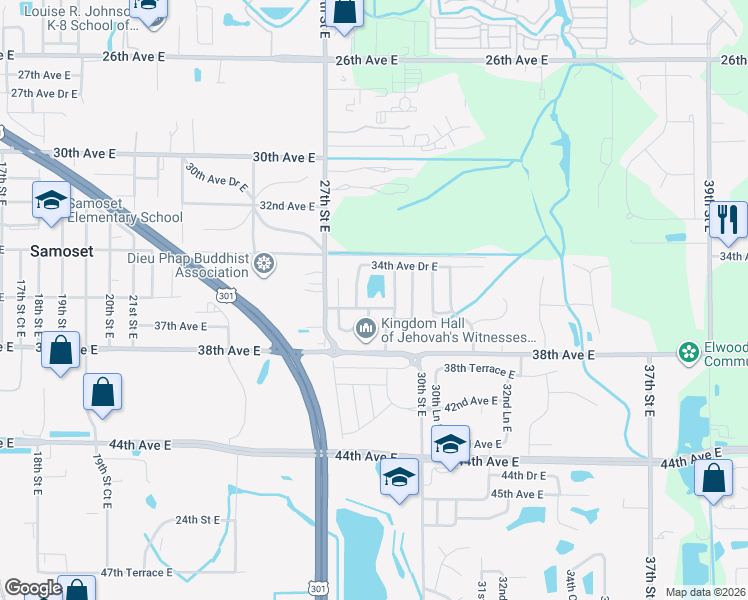 map of restaurants, bars, coffee shops, grocery stores, and more near 3416 28th Street East in Bradenton