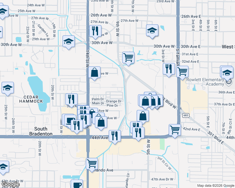 map of restaurants, bars, coffee shops, grocery stores, and more near 1101 36th Avenue West in Bradenton