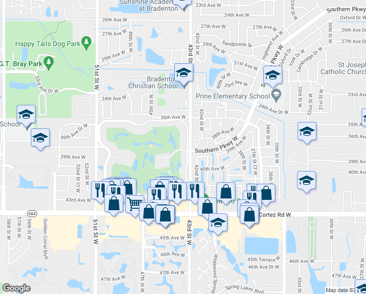 map of restaurants, bars, coffee shops, grocery stores, and more near 3890 Pinebrook Circle in Bradenton