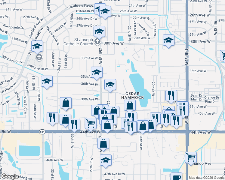 map of restaurants, bars, coffee shops, grocery stores, and more near 2414 36th Avenue West in Bradenton