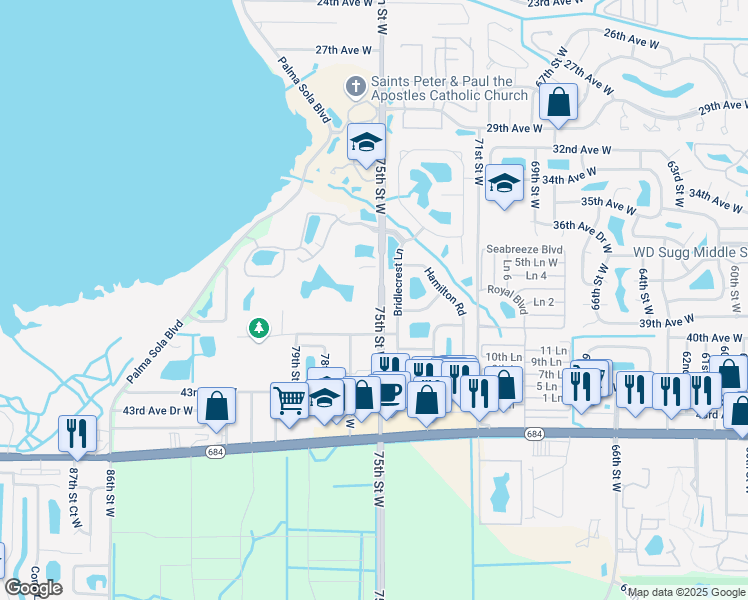map of restaurants, bars, coffee shops, grocery stores, and more near 3816 Bridlecrest Lane in Bradenton