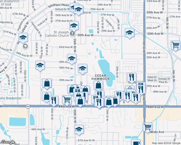 map of restaurants, bars, coffee shops, grocery stores, and more near 2414 36th Avenue West in Bradenton