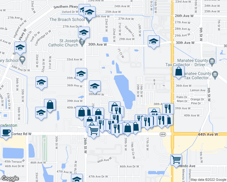 map of restaurants, bars, coffee shops, grocery stores, and more near 3799 Lake Bayshore Drive in Bradenton
