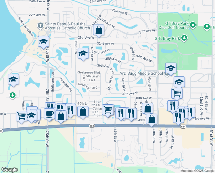 map of restaurants, bars, coffee shops, grocery stores, and more near 3707 66th Street West in Bradenton