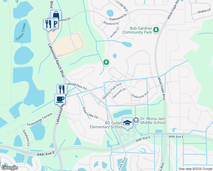 map of restaurants, bars, coffee shops, grocery stores, and more near 11620 Golden Bay Place in Bradenton
