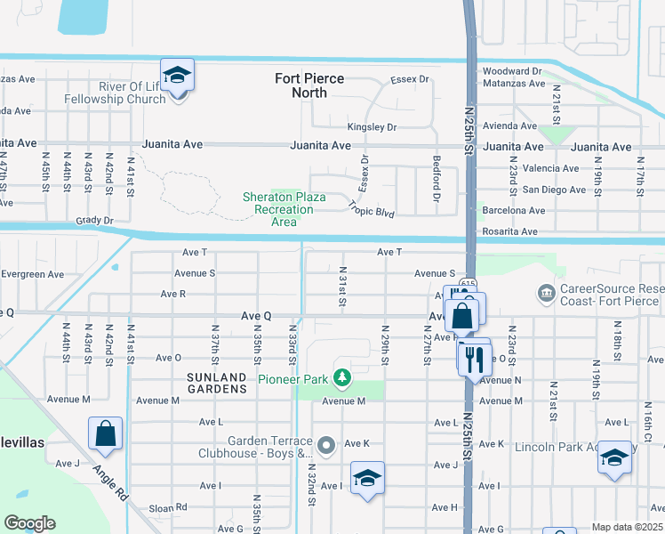 map of restaurants, bars, coffee shops, grocery stores, and more near 3105 Avenue T in Fort Pierce