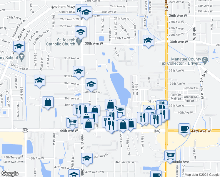 map of restaurants, bars, coffee shops, grocery stores, and more near 3799 Lake Bayshore Drive in Bradenton