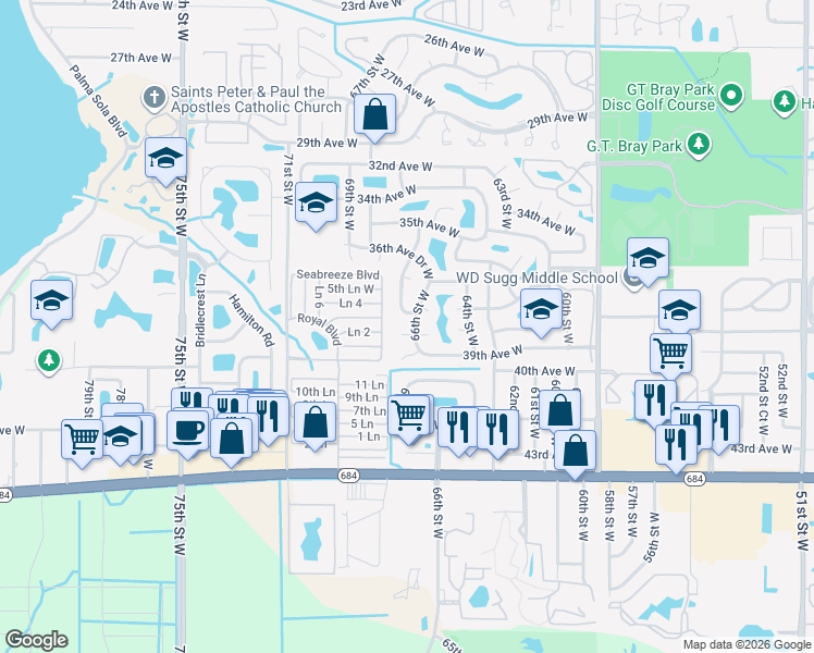 map of restaurants, bars, coffee shops, grocery stores, and more near 3707 66th Street West in Bradenton