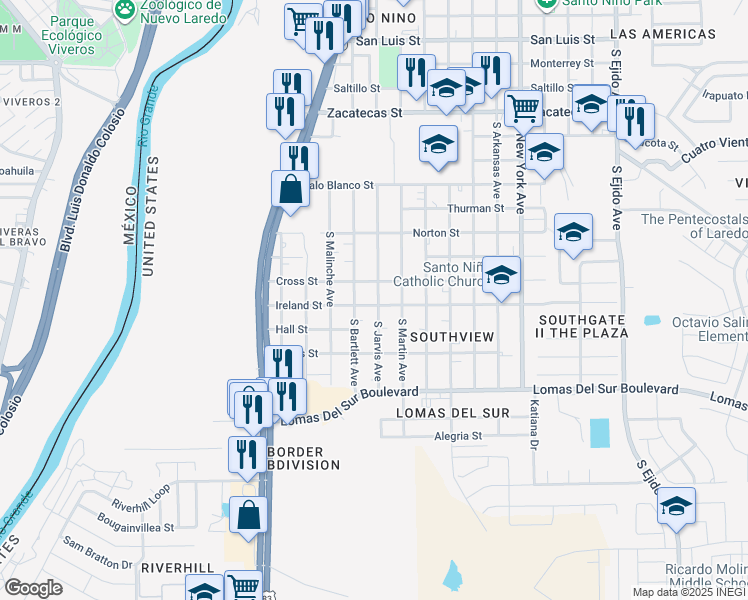 map of restaurants, bars, coffee shops, grocery stores, and more near 2220 Ireland Street in Laredo
