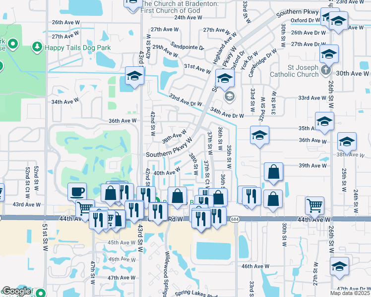 map of restaurants, bars, coffee shops, grocery stores, and more near 3804 39th Avenue West in Bradenton