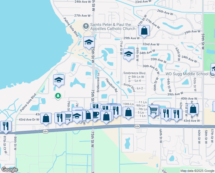 map of restaurants, bars, coffee shops, grocery stores, and more near 7310 Emma Road in Bradenton