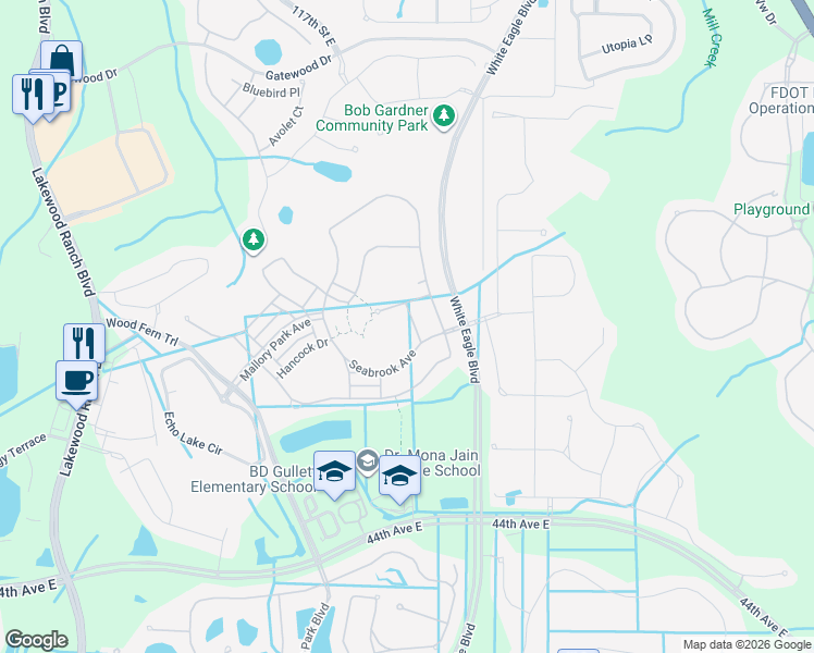map of restaurants, bars, coffee shops, grocery stores, and more near 3514 Harlowe Run in Bradenton