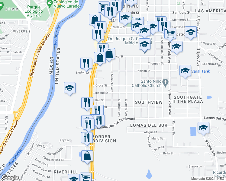 map of restaurants, bars, coffee shops, grocery stores, and more near 2102 Ireland Street in Laredo