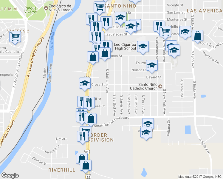 map of restaurants, bars, coffee shops, grocery stores, and more near 2116 Ireland Street in Laredo