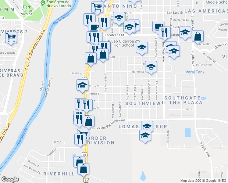 map of restaurants, bars, coffee shops, grocery stores, and more near 2202 Ireland Street in Laredo