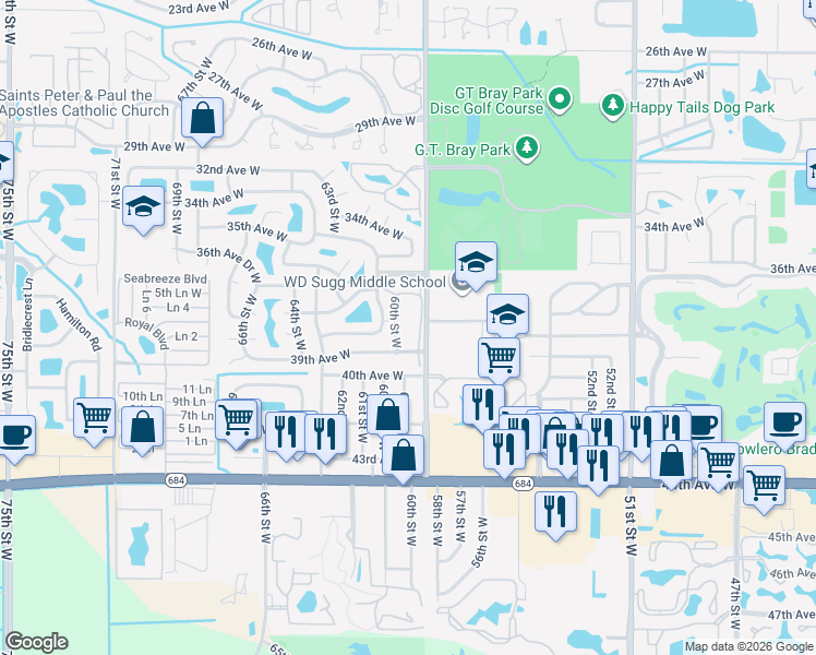 map of restaurants, bars, coffee shops, grocery stores, and more near 3608 59th Street Drive West in Bradenton
