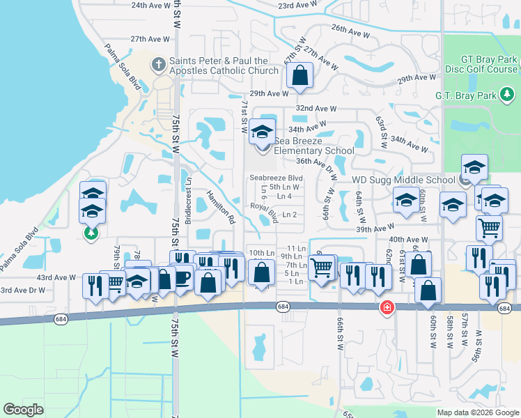map of restaurants, bars, coffee shops, grocery stores, and more near 92 Royal Boulevard in Bradenton