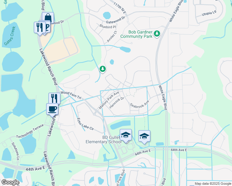 map of restaurants, bars, coffee shops, grocery stores, and more near 11822 Mallory Park Avenue in Bradenton