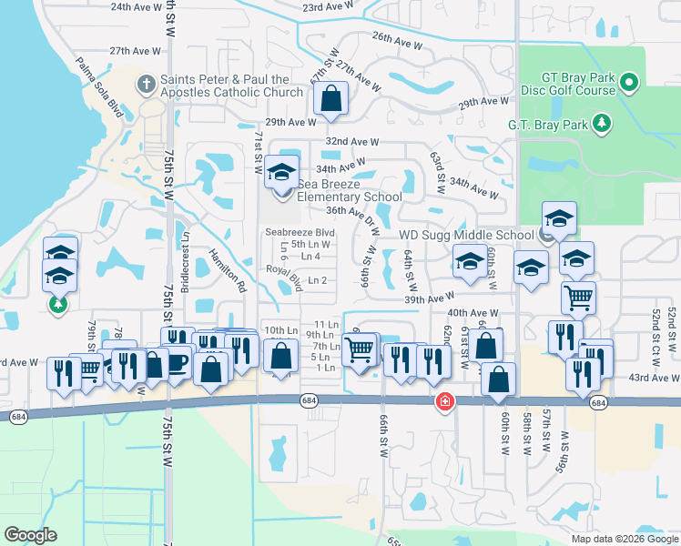 map of restaurants, bars, coffee shops, grocery stores, and more near 40 Seabreeze Boulevard in Bradenton