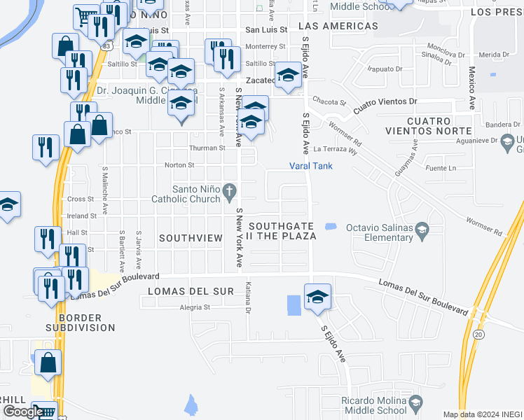 map of restaurants, bars, coffee shops, grocery stores, and more near 3002 Frio Plaza in Laredo