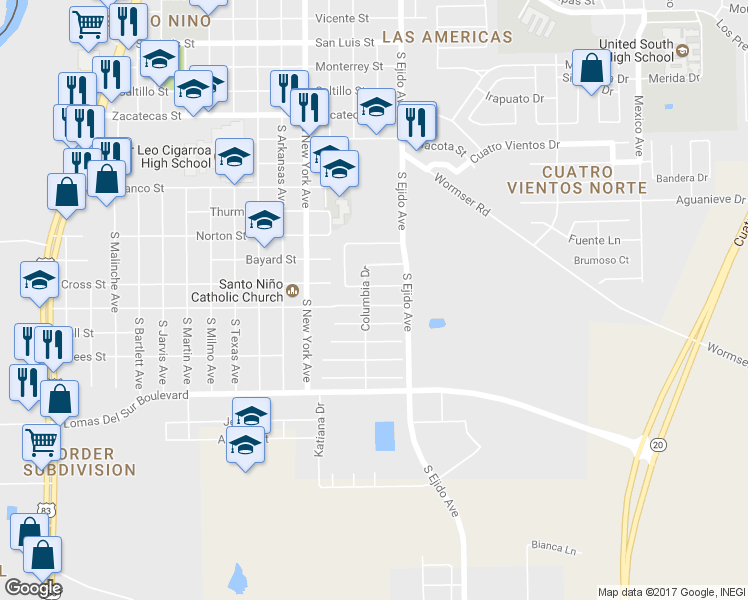 map of restaurants, bars, coffee shops, grocery stores, and more near 3106 San Jacinto Court in Laredo