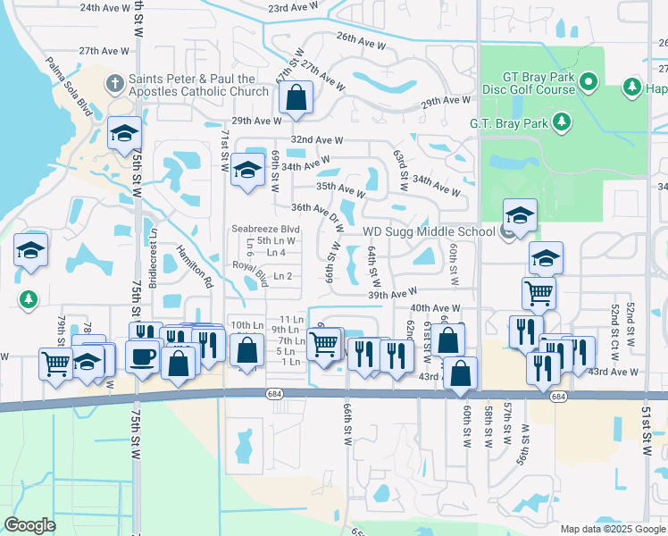 map of restaurants, bars, coffee shops, grocery stores, and more near 3707 66th Street West in Bradenton