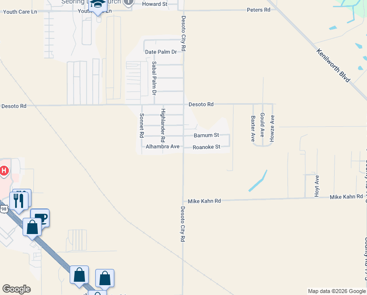 map of restaurants, bars, coffee shops, grocery stores, and more near 4901 Roanoke Street in Sebring