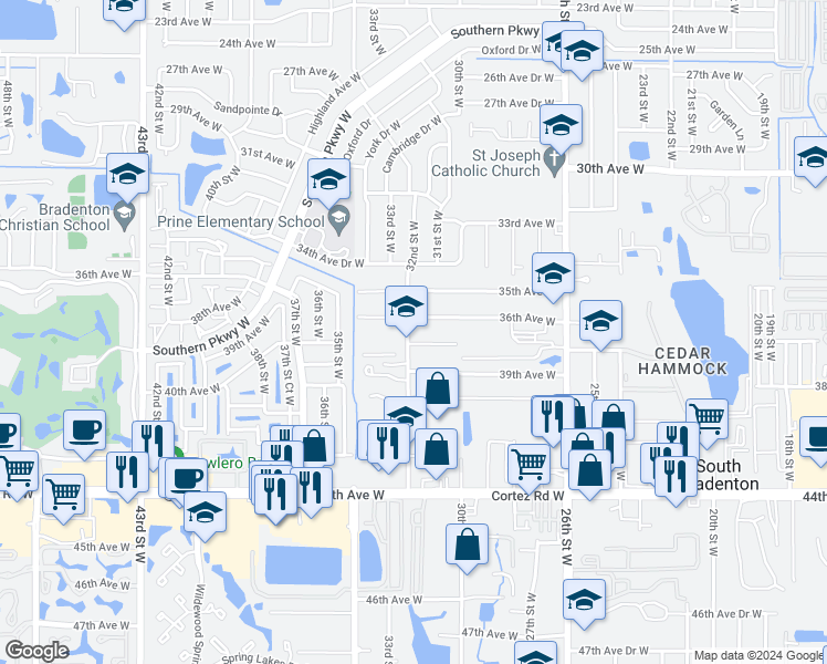 map of restaurants, bars, coffee shops, grocery stores, and more near 3617 32nd Street West in Bradenton