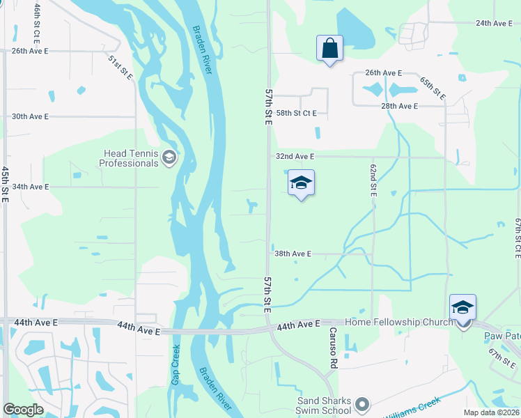 map of restaurants, bars, coffee shops, grocery stores, and more near 3416 57th Street East in Bradenton