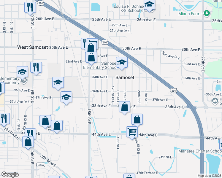map of restaurants, bars, coffee shops, grocery stores, and more near 3520 17th Street Court East in Bradenton
