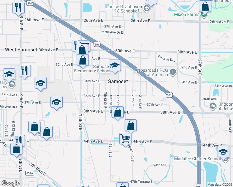 map of restaurants, bars, coffee shops, grocery stores, and more near 3520 19th Street East in Bradenton