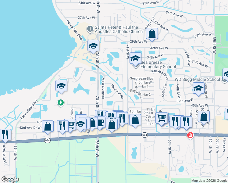 map of restaurants, bars, coffee shops, grocery stores, and more near 7310 Emma Road in Bradenton