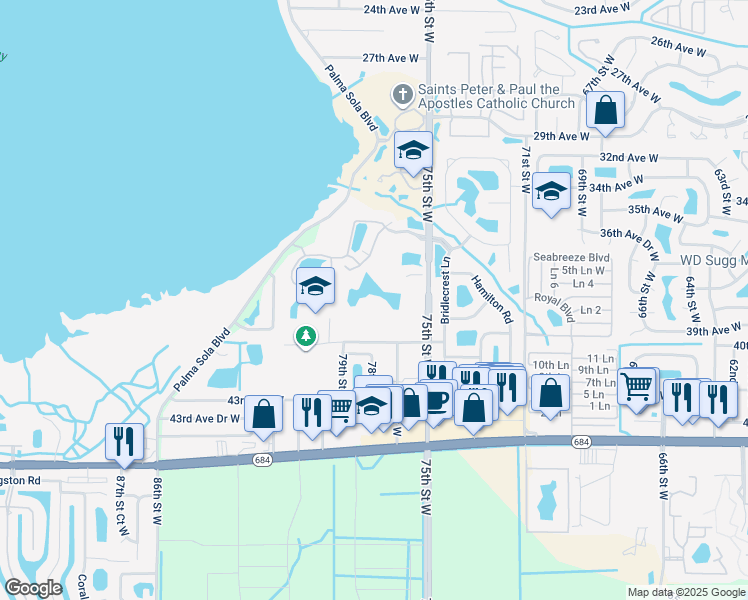 map of restaurants, bars, coffee shops, grocery stores, and more near 3958 75th Street West in Bradenton