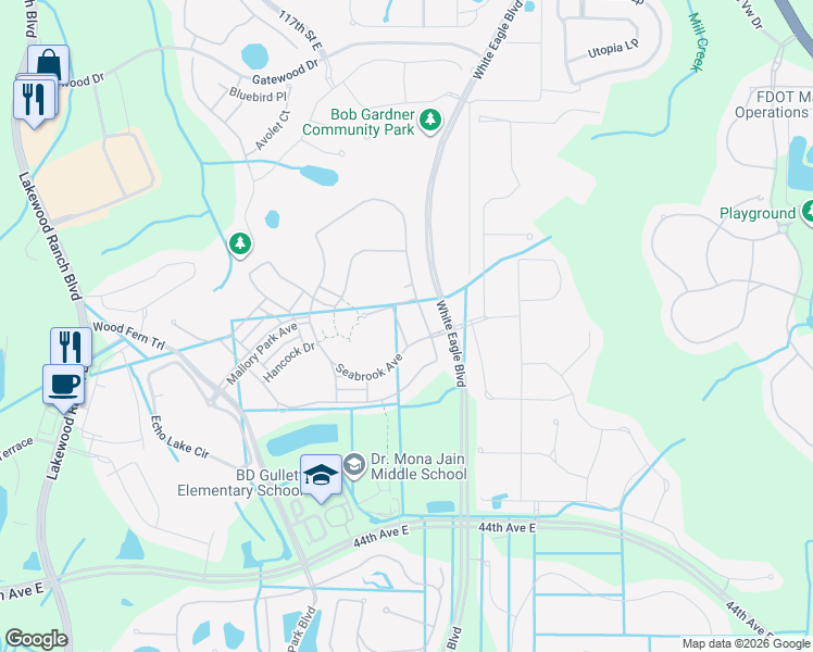map of restaurants, bars, coffee shops, grocery stores, and more near 3514 Harlowe Run in Bradenton