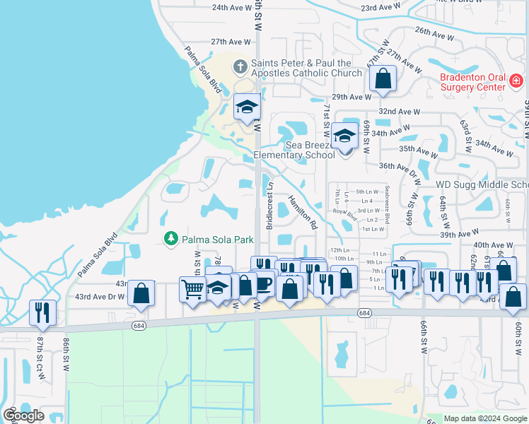 map of restaurants, bars, coffee shops, grocery stores, and more near 3816 Bridlecrest Ln in Bradenton