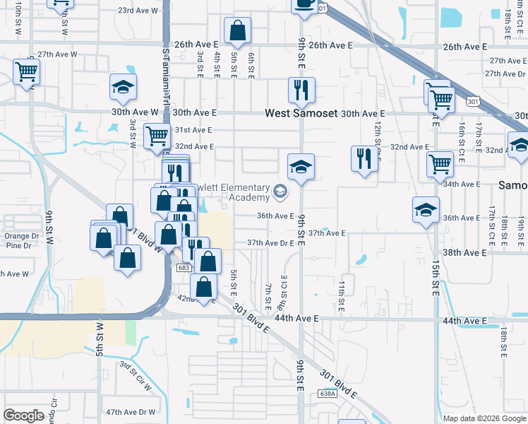 map of restaurants, bars, coffee shops, grocery stores, and more near 521 36th Avenue East in Bradenton