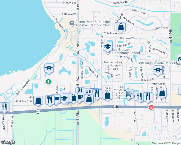 map of restaurants, bars, coffee shops, grocery stores, and more near 7310 Emma Road in Bradenton