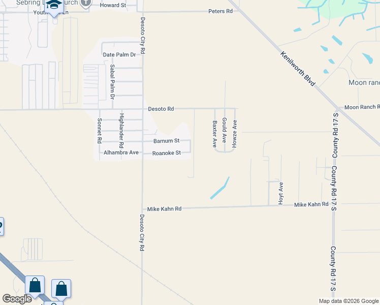 map of restaurants, bars, coffee shops, grocery stores, and more near 5298 Roanoke Street in Sebring