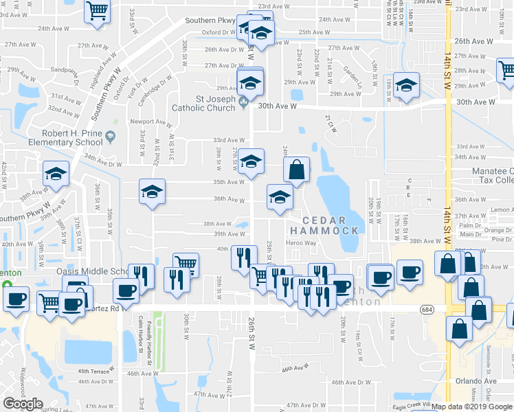 map of restaurants, bars, coffee shops, grocery stores, and more near 2458 36th Avenue West in Bradenton
