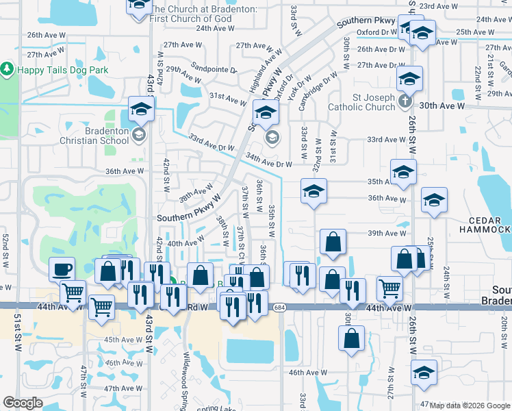 map of restaurants, bars, coffee shops, grocery stores, and more near 3708 36th Street West in Bradenton