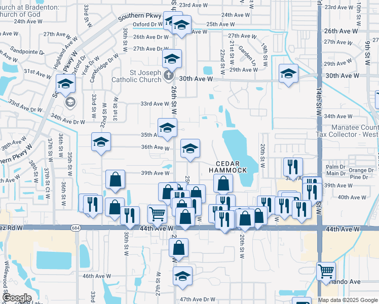 map of restaurants, bars, coffee shops, grocery stores, and more near 2458 36th Avenue West in Bradenton